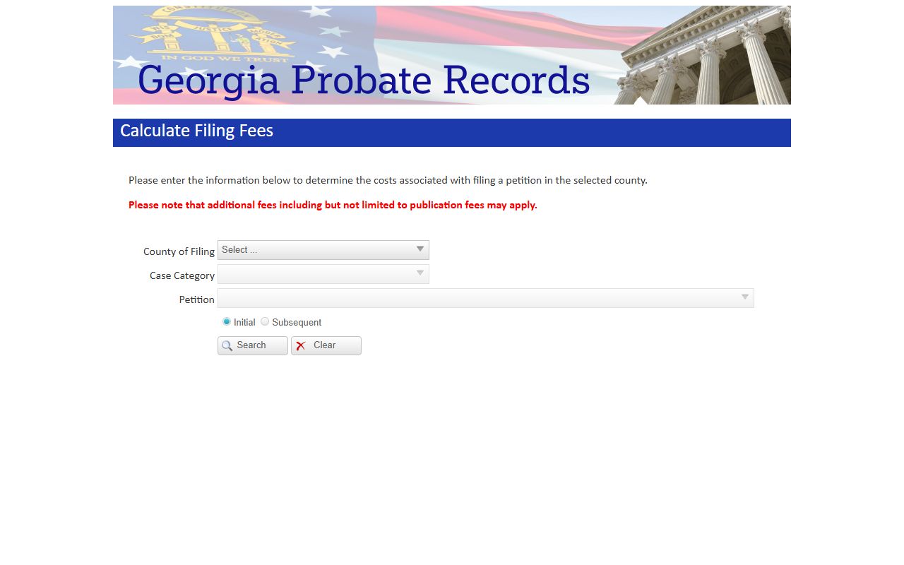 Harris County court dockets Probate filing calculator screen